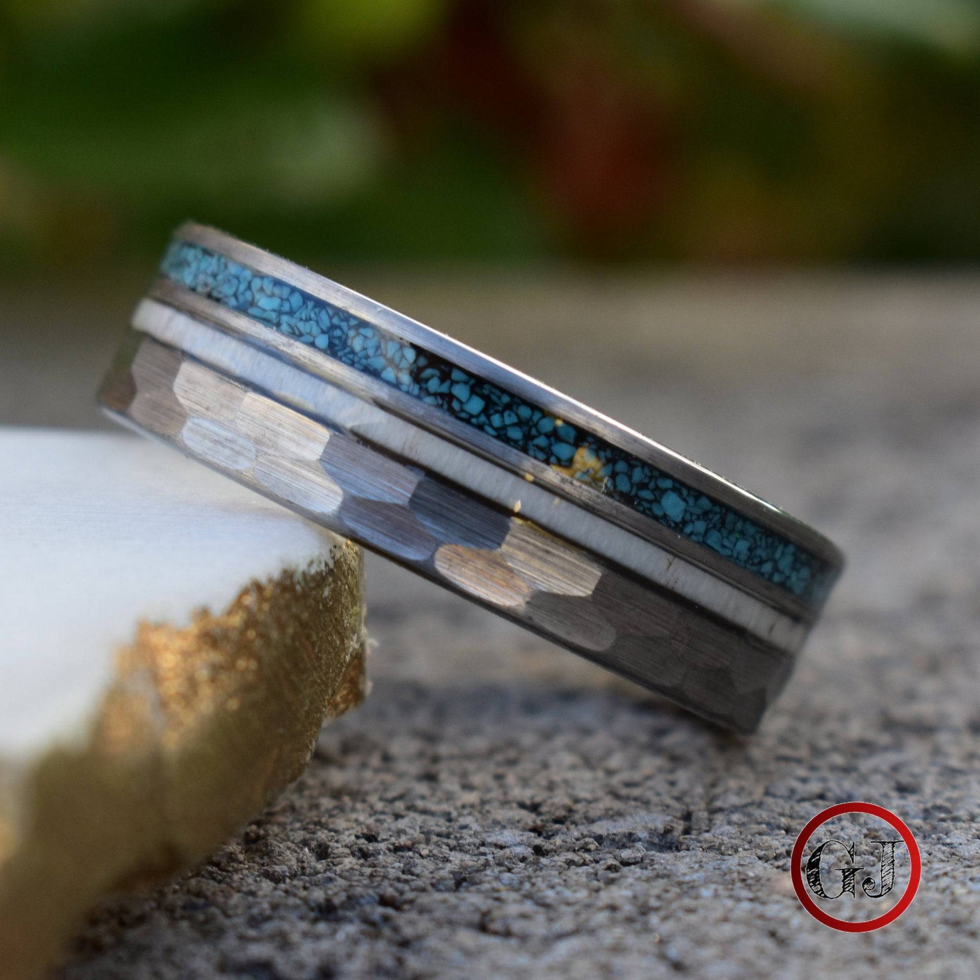 Tungsten 8mm Hammered Ring with Antler and Crushed Turquoise - Tungsten Titans