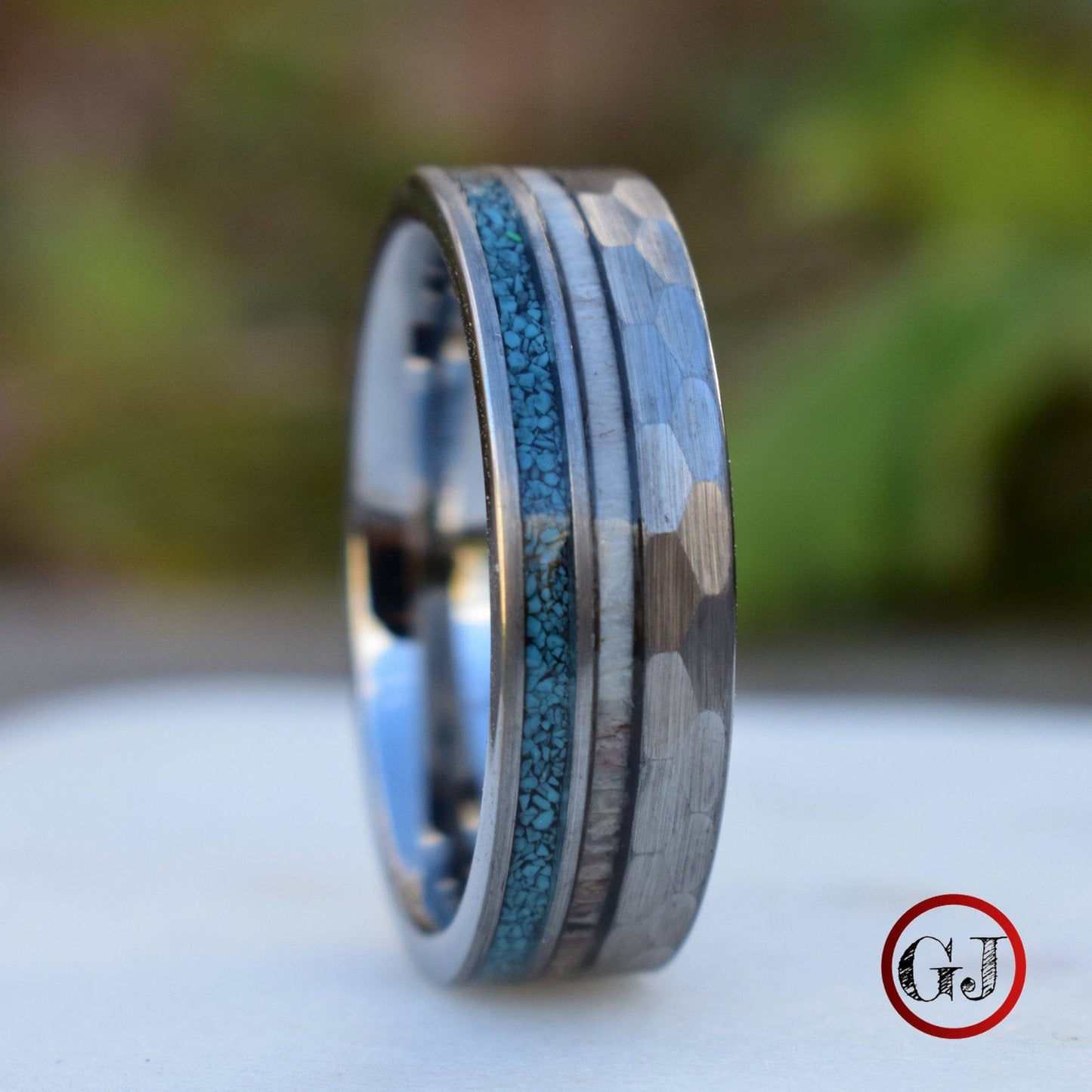 Tungsten 8mm Hammered Ring with Antler and Crushed Turquoise - Tungsten Titans