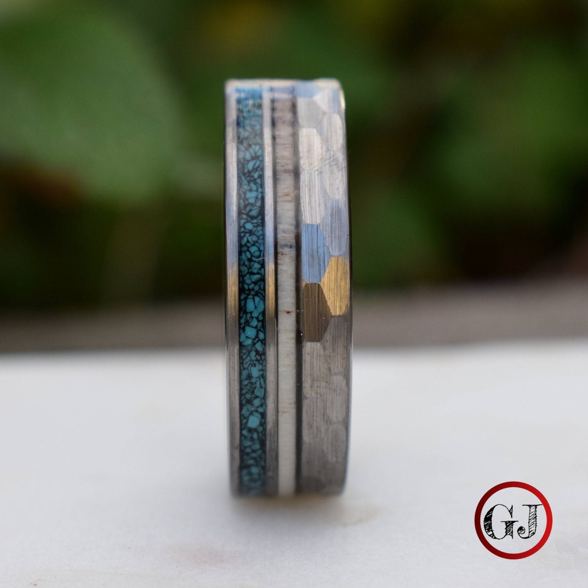 Tungsten 8mm Hammered Ring with Antler and Crushed Turquoise - Tungsten Titans