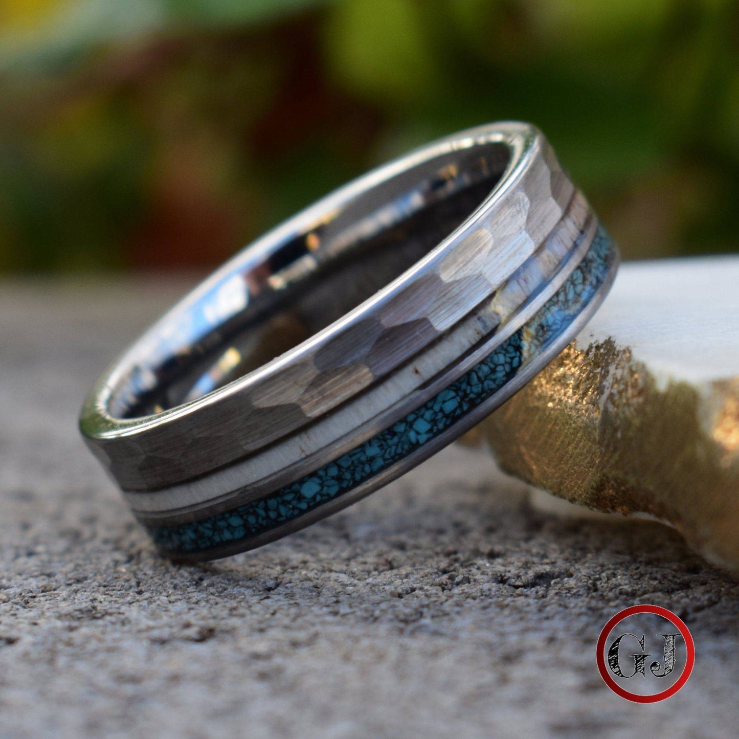 Tungsten 8mm Hammered Ring with Antler and Crushed Turquoise - Tungsten Titans