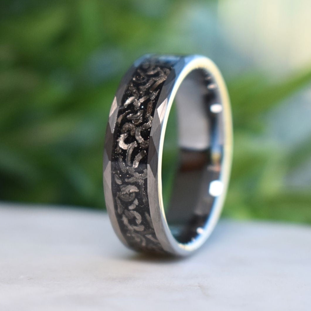 Hammered 8mm Tungsten Ring with Meteorite Inlay - Tungsten Titans