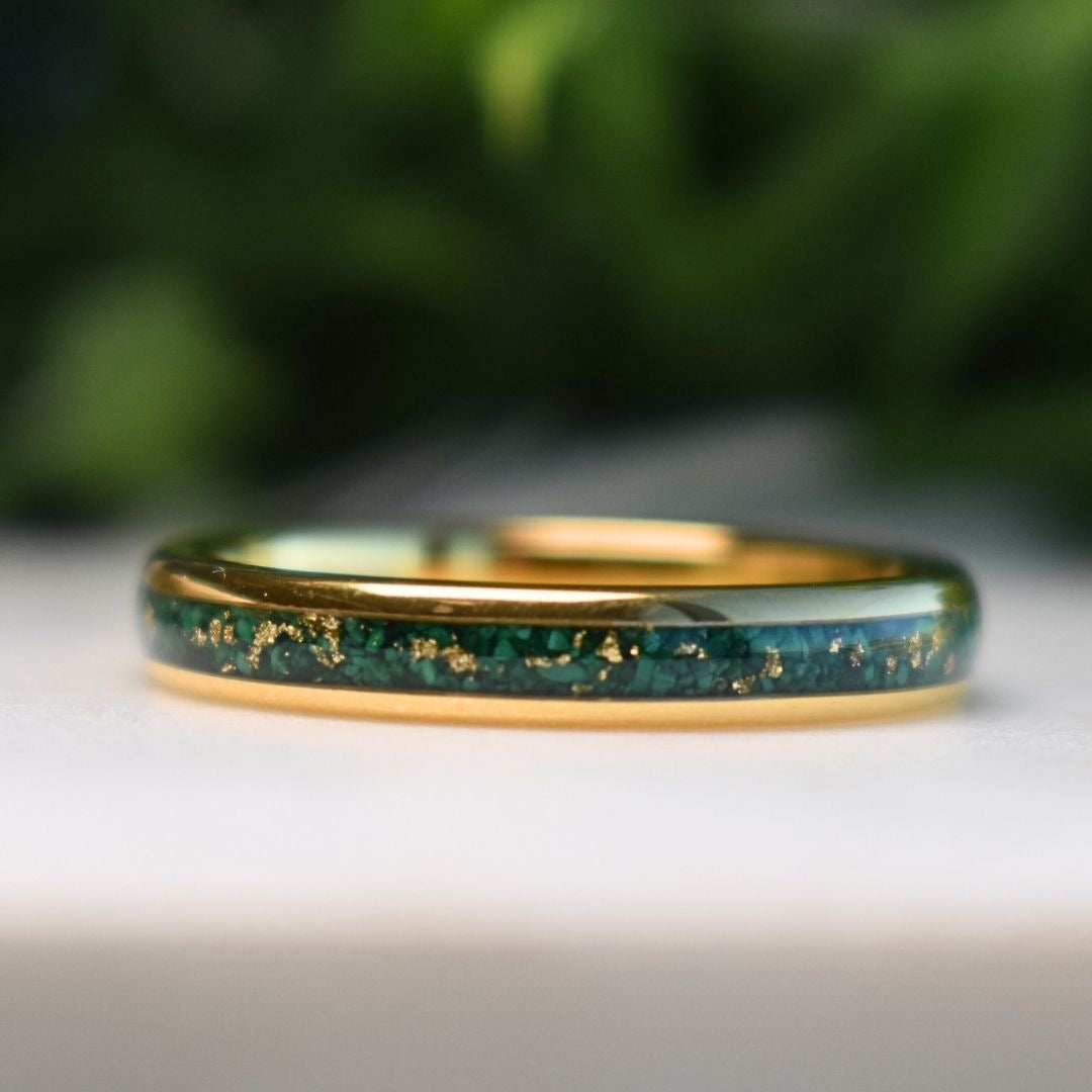 Tungsten 4mm Gold Ring with Malachite & Gold Leaf Inlay - Tungsten Titans