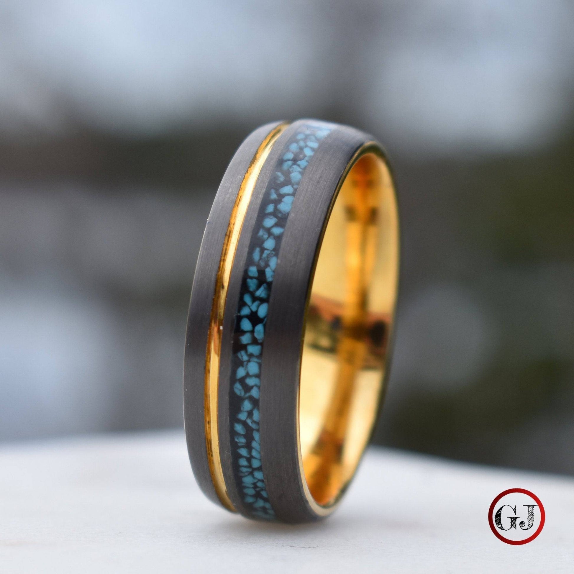 Tungsten 8mm Ring Grey with Gold Accent and Crushed Turquoise - Tungsten Titans