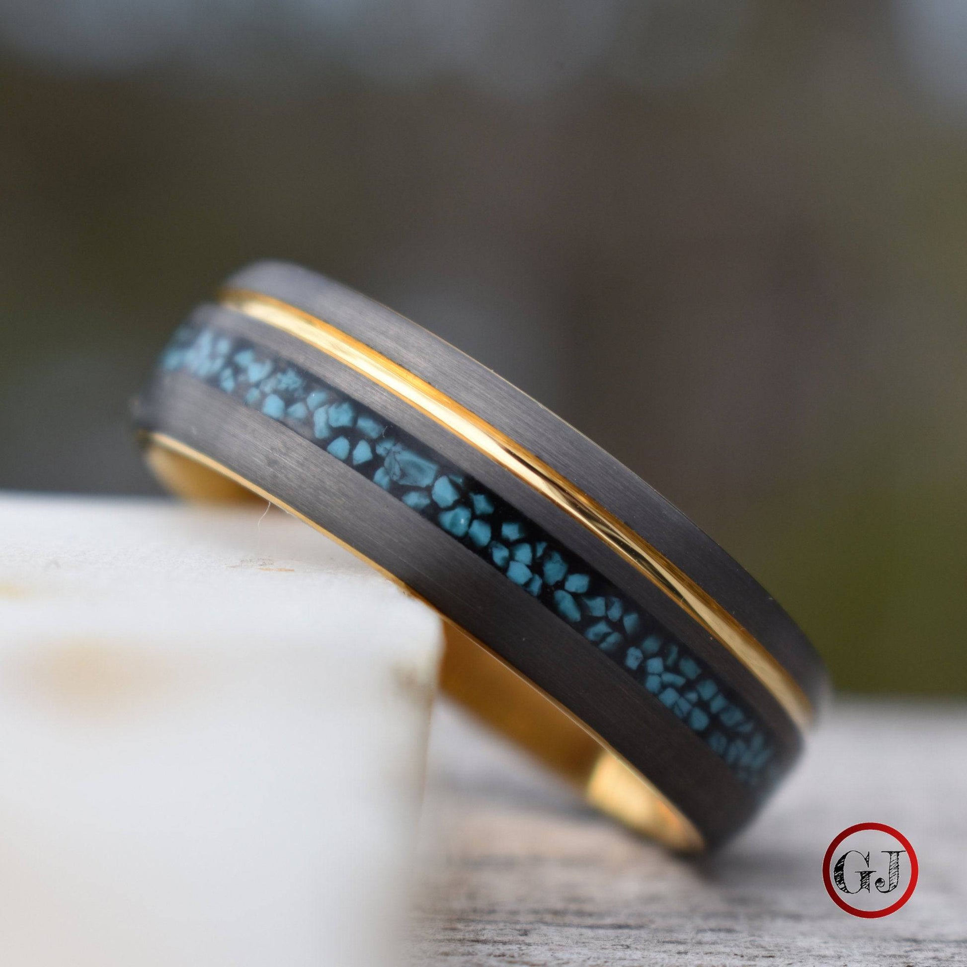 Tungsten 8mm Ring Grey with Gold Accent and Crushed Turquoise - Tungsten Titans