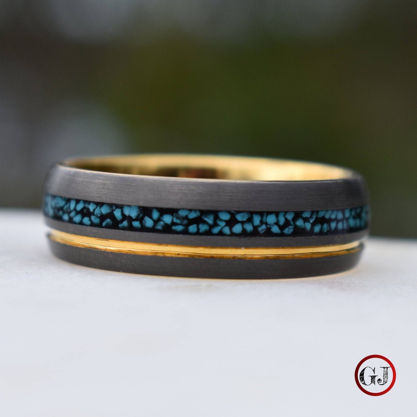 Tungsten 8mm Ring Grey with Gold Accent and Crushed Turquoise - Tungsten Titans
