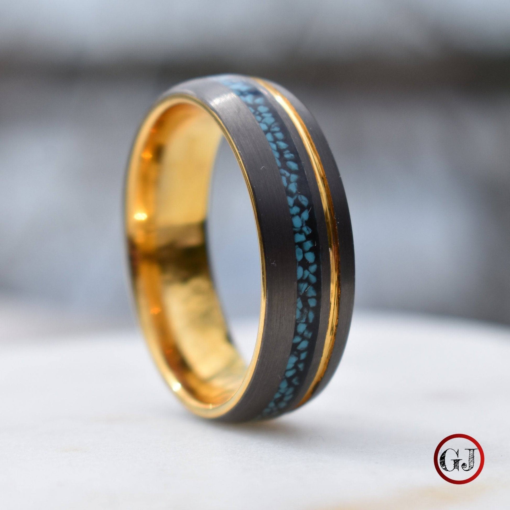 Tungsten 8mm Ring Grey with Gold Accent and Crushed Turquoise - Tungsten Titans