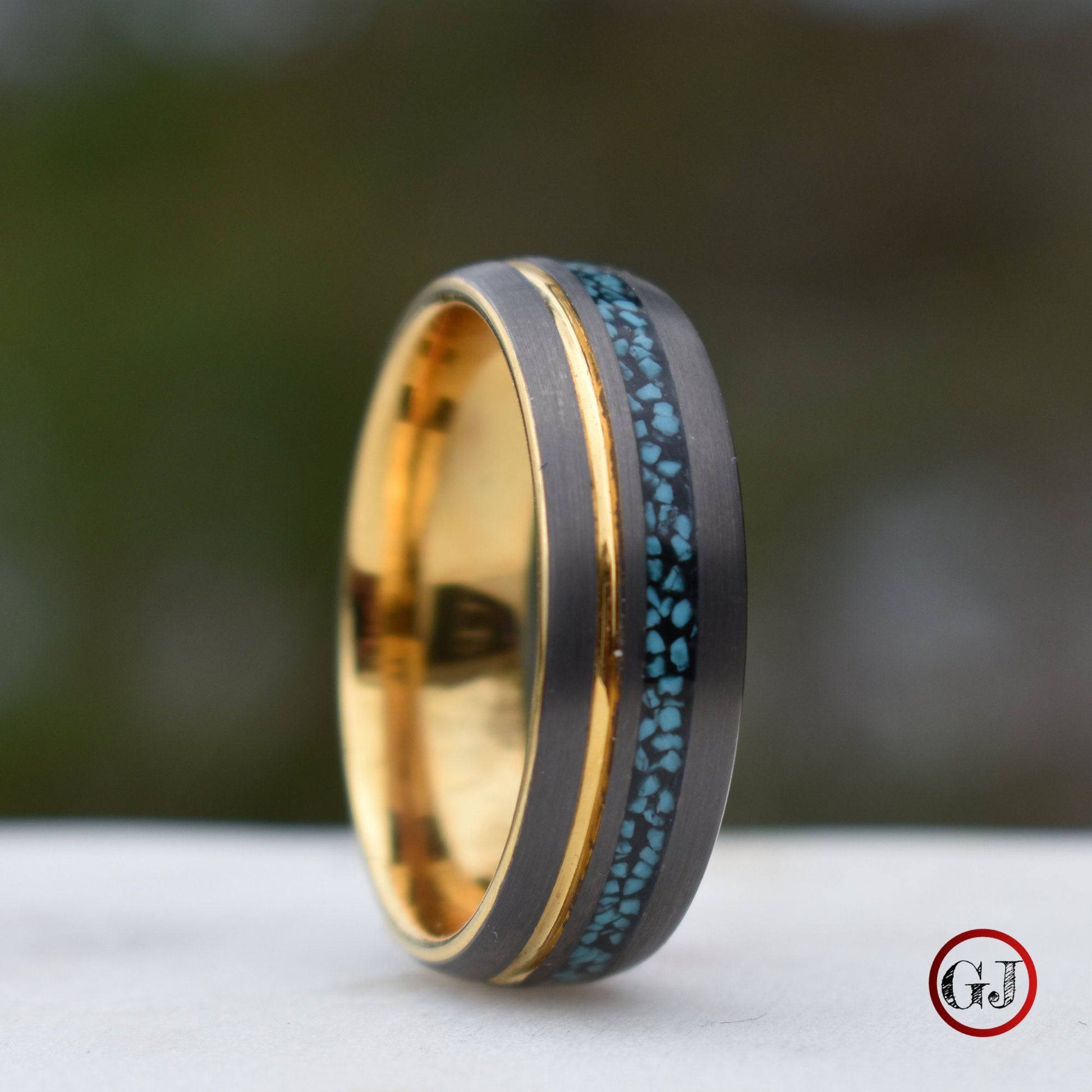 Tungsten 8mm Ring Grey with Gold Accent and Crushed Turquoise - Tungsten Titans