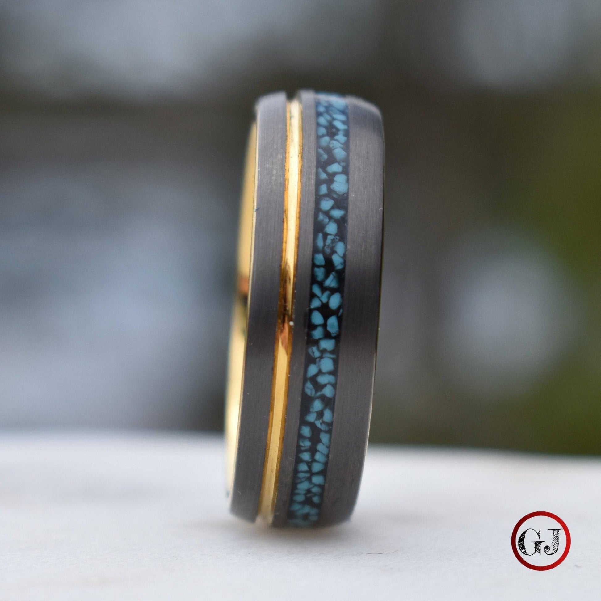 Tungsten 8mm Ring Grey with Gold Accent and Crushed Turquoise - Tungsten Titans