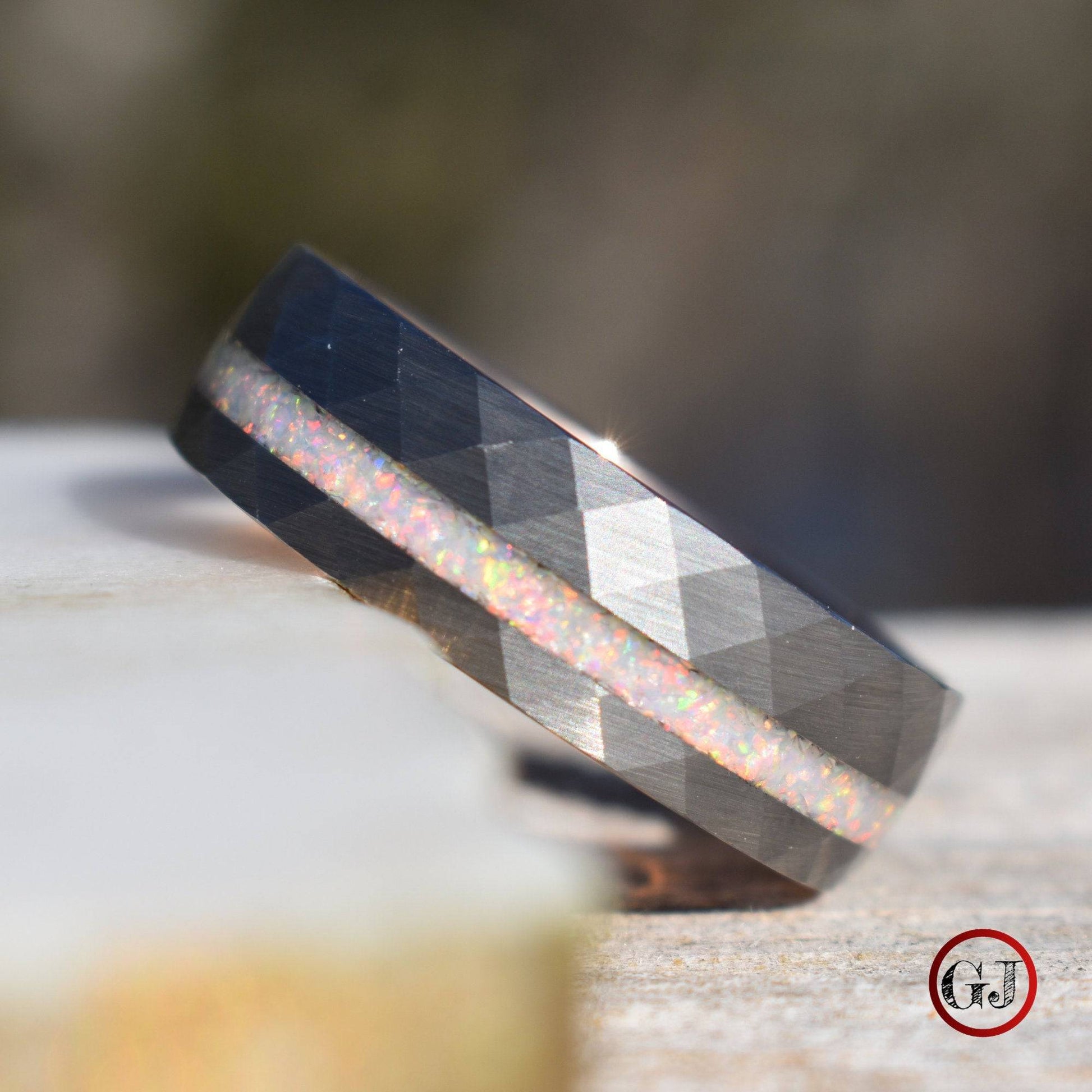 Tungsten 8mm Hammered Ring with Crushed Opal and Rose Gold Inner Band - Tungsten Titans
