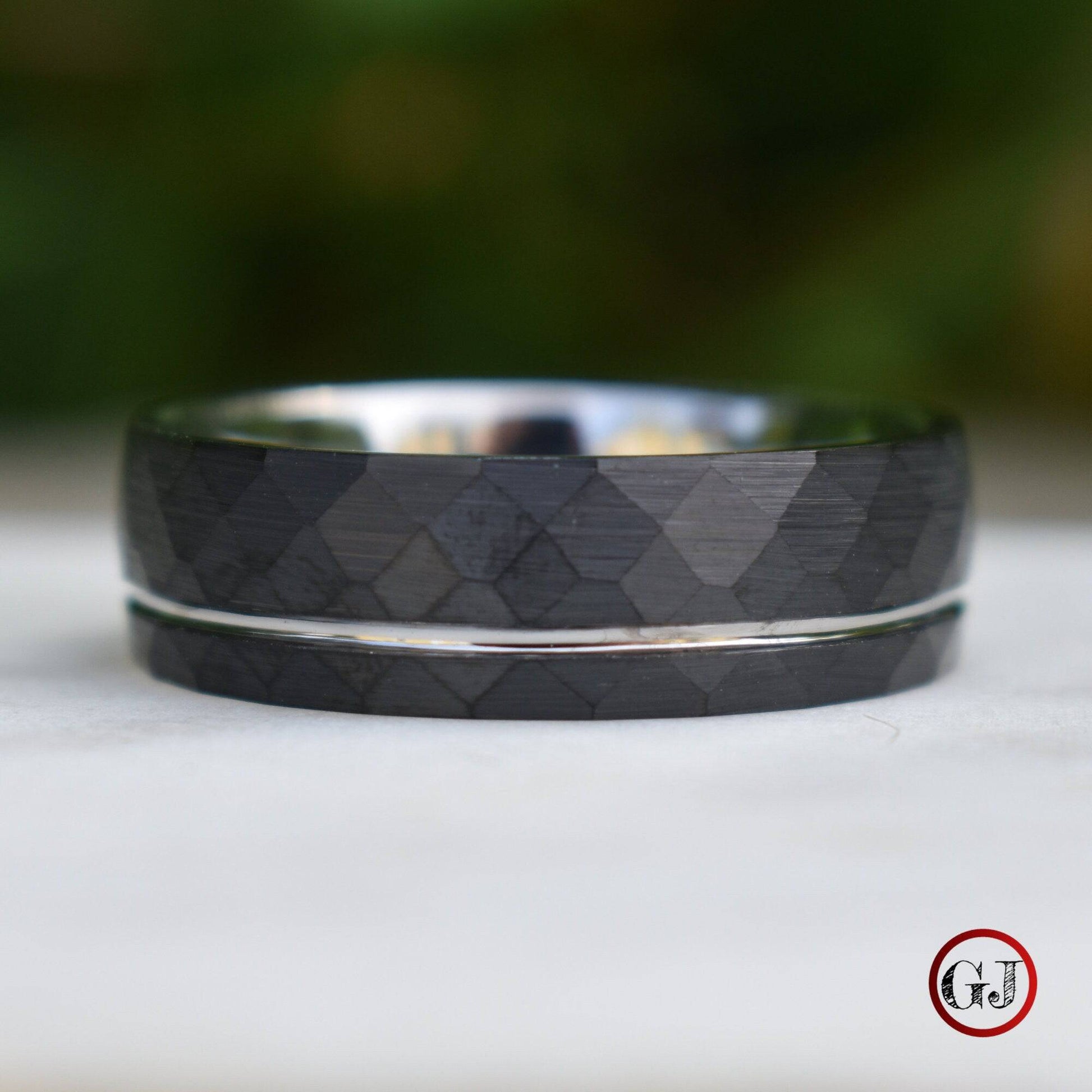Hammered 8mm Black Tungsten Ring with Silver Accent - Tungsten Titans