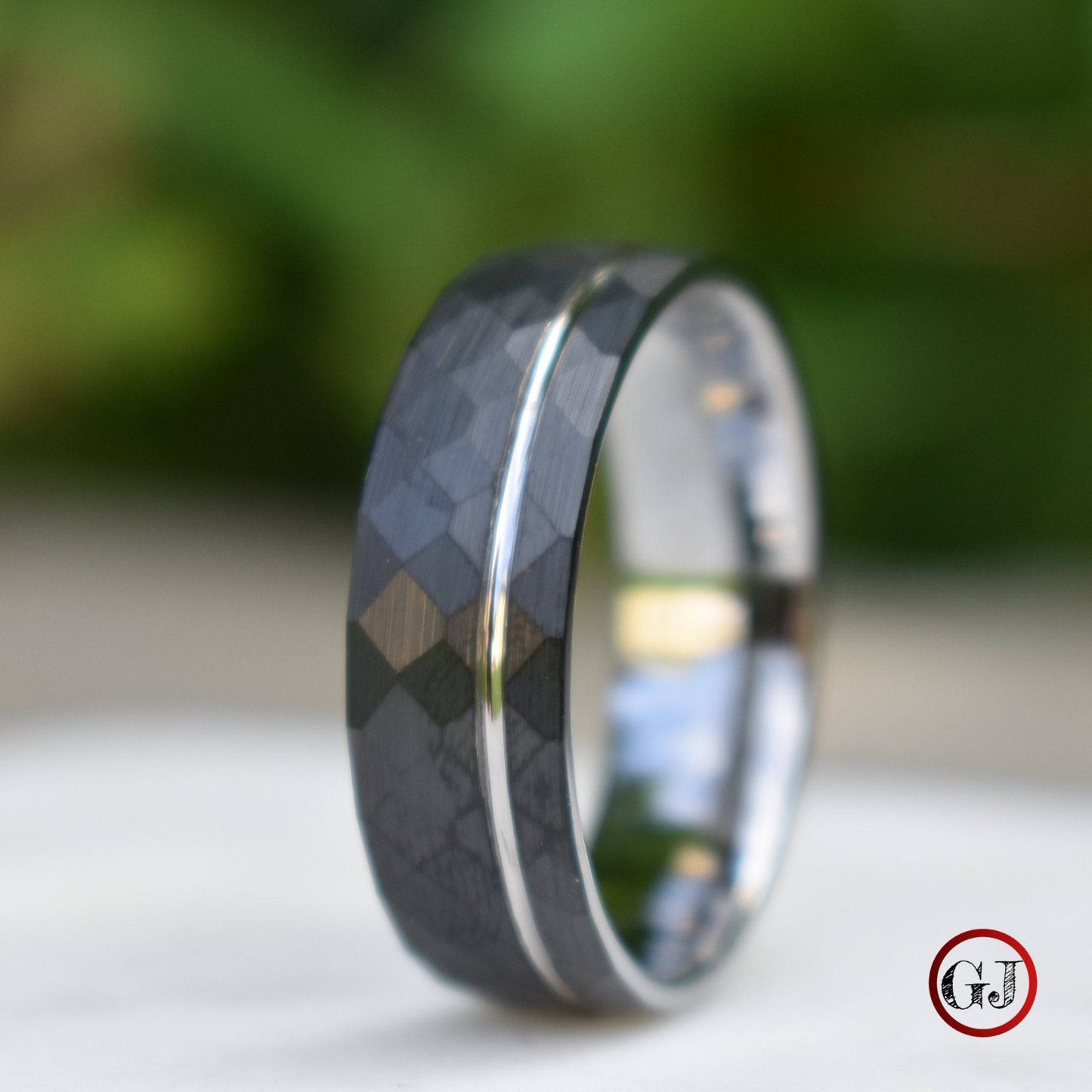 Hammered 8mm Black Tungsten Ring with Silver Accent - Tungsten Titans