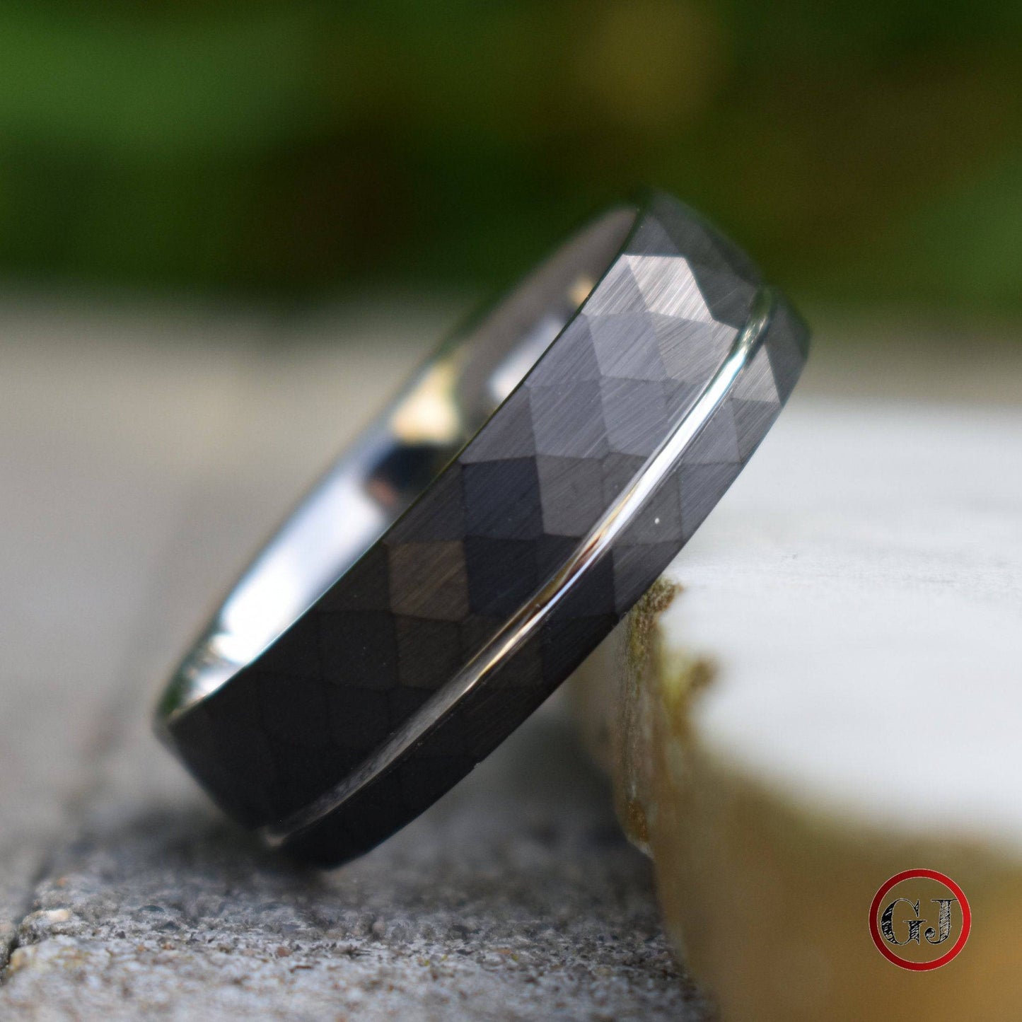 Hammered 8mm Black Tungsten Ring with Silver Accent - Tungsten Titans