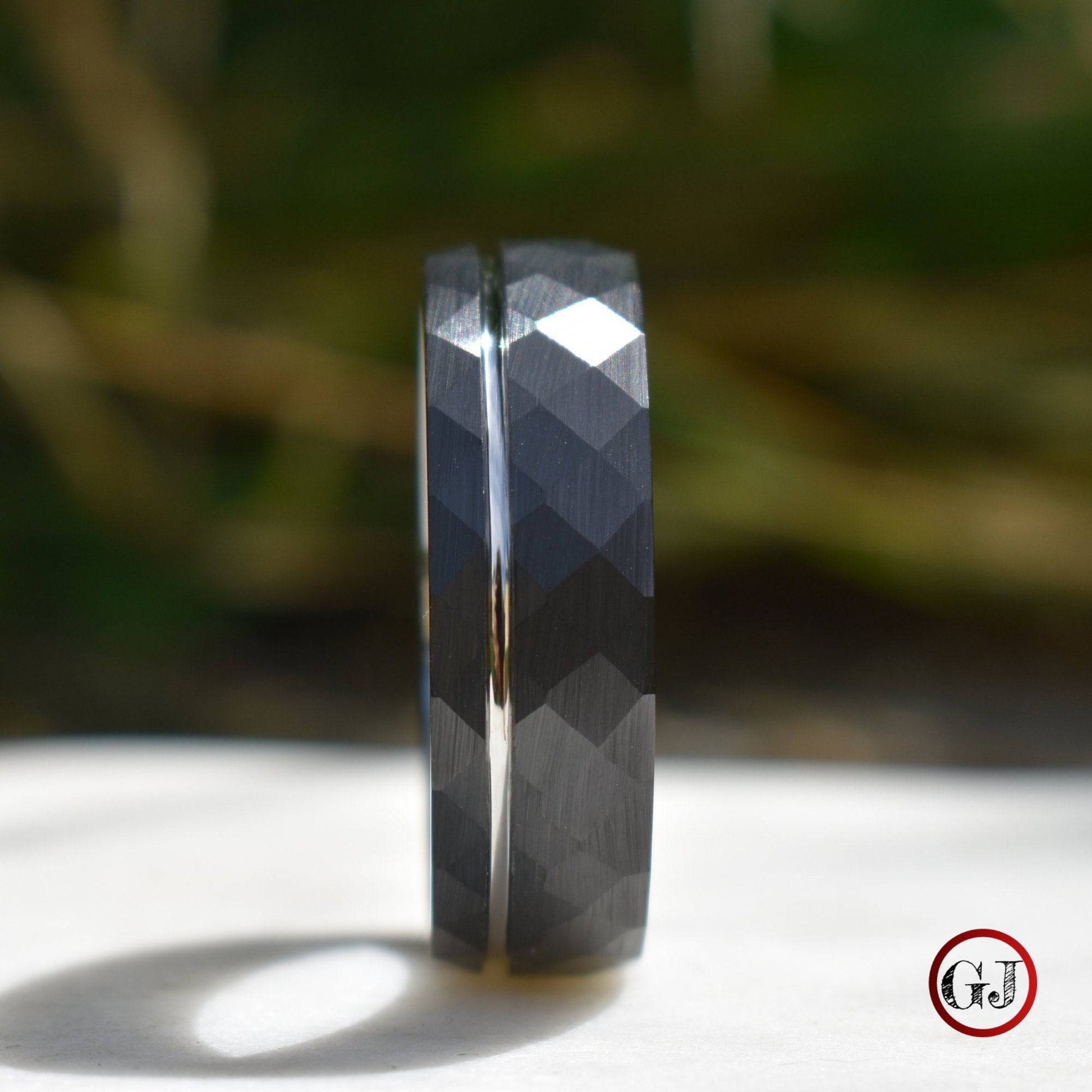 Hammered 8mm Black Tungsten Ring with Silver Accent - Tungsten Titans