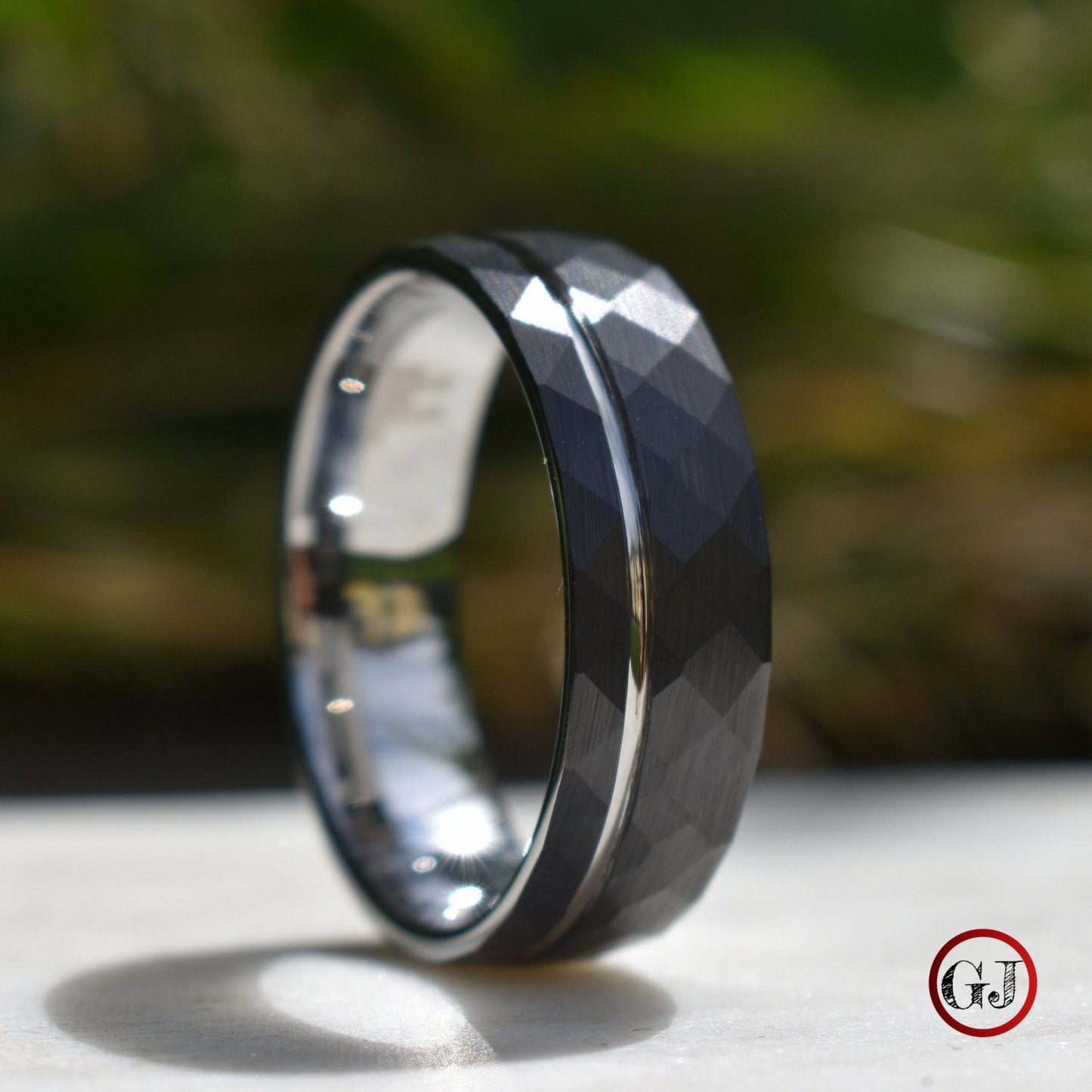 Hammered 8mm Black Tungsten Ring with Silver Accent - Tungsten Titans