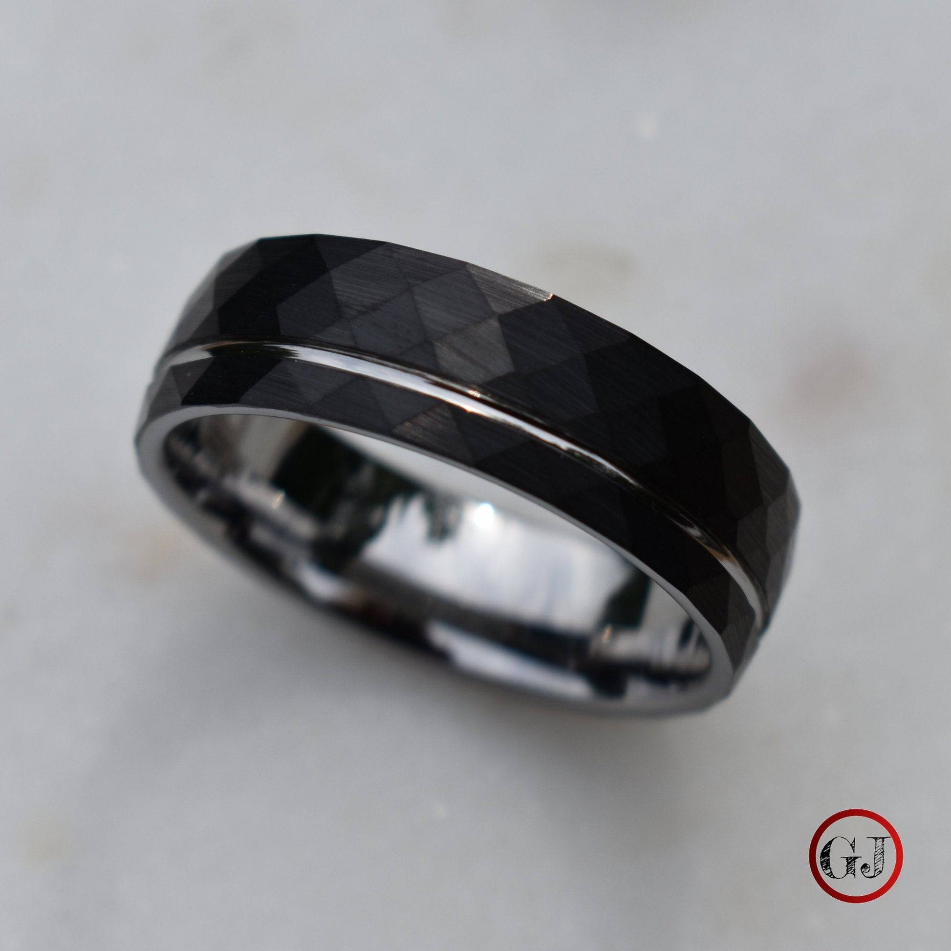 Hammered 8mm Black Tungsten Ring with Silver Accent - Tungsten Titans