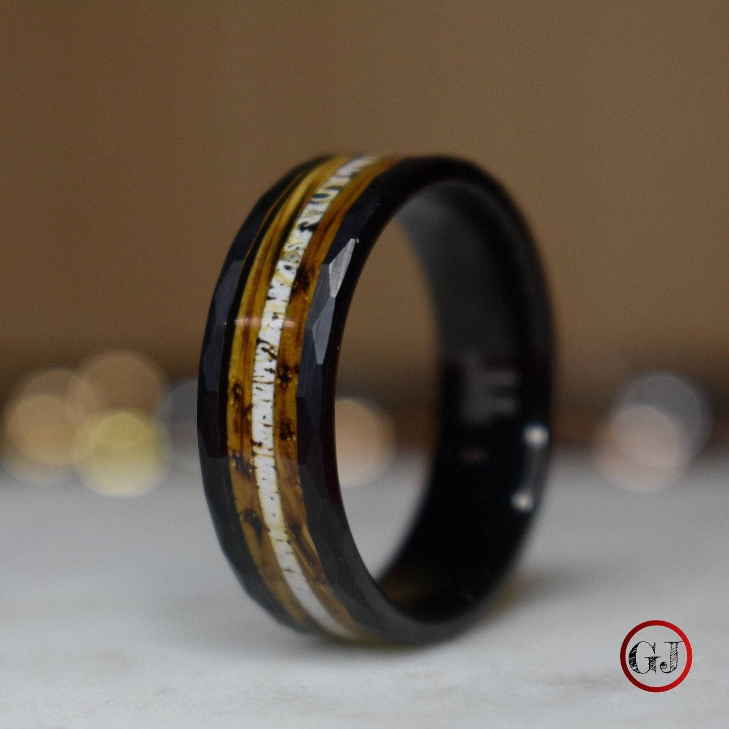 Tungsten 8mm Hammered Ring with Antler and Whiskey Barrel - Tungsten Titans