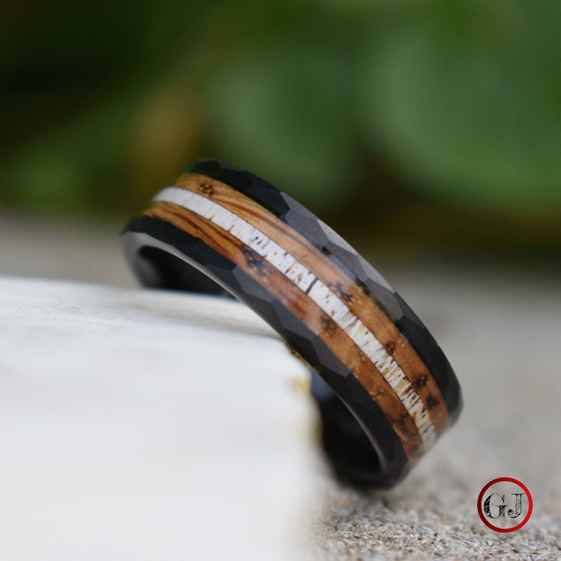 Tungsten 8mm Hammered Ring with Antler and Whiskey Barrel - Tungsten Titans