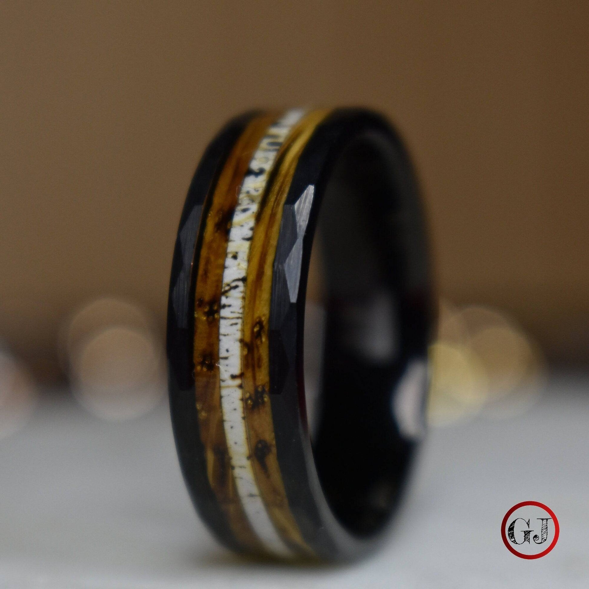 Tungsten 8mm Hammered Ring with Antler and Whiskey Barrel - Tungsten Titans