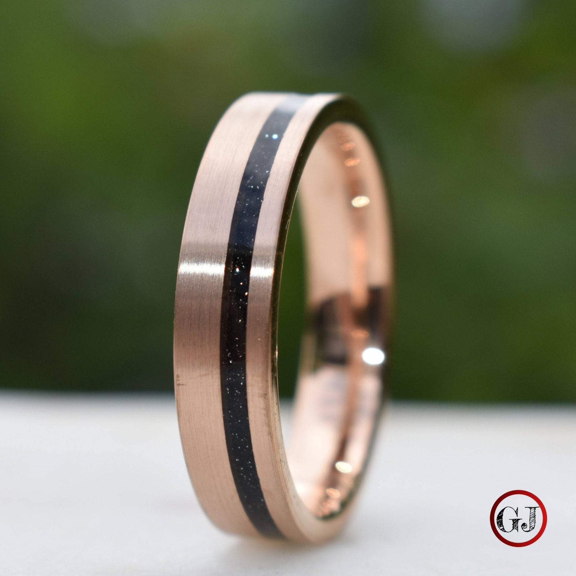 Tungsten Rose Gold 6mm Ring Black Druzy Quartz Wedding Band, Mens Ring, Mens Wedding Band - Tungsten Titans