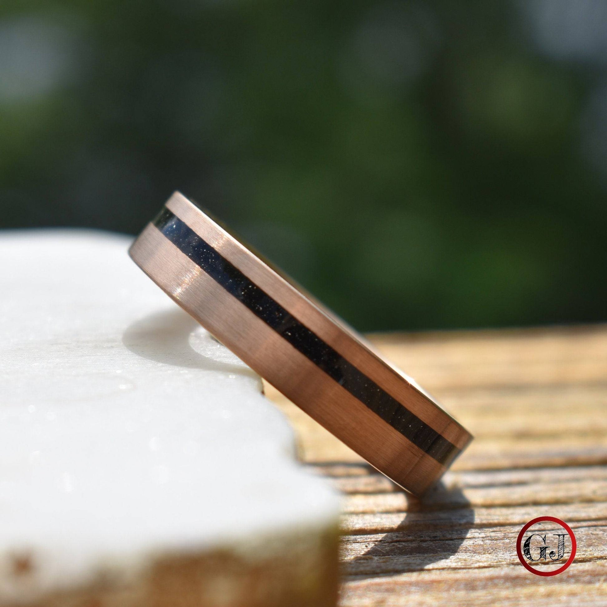 Tungsten Rose Gold 6mm Ring Black Druzy Quartz Wedding Band, Mens Ring, Mens Wedding Band - Tungsten Titans