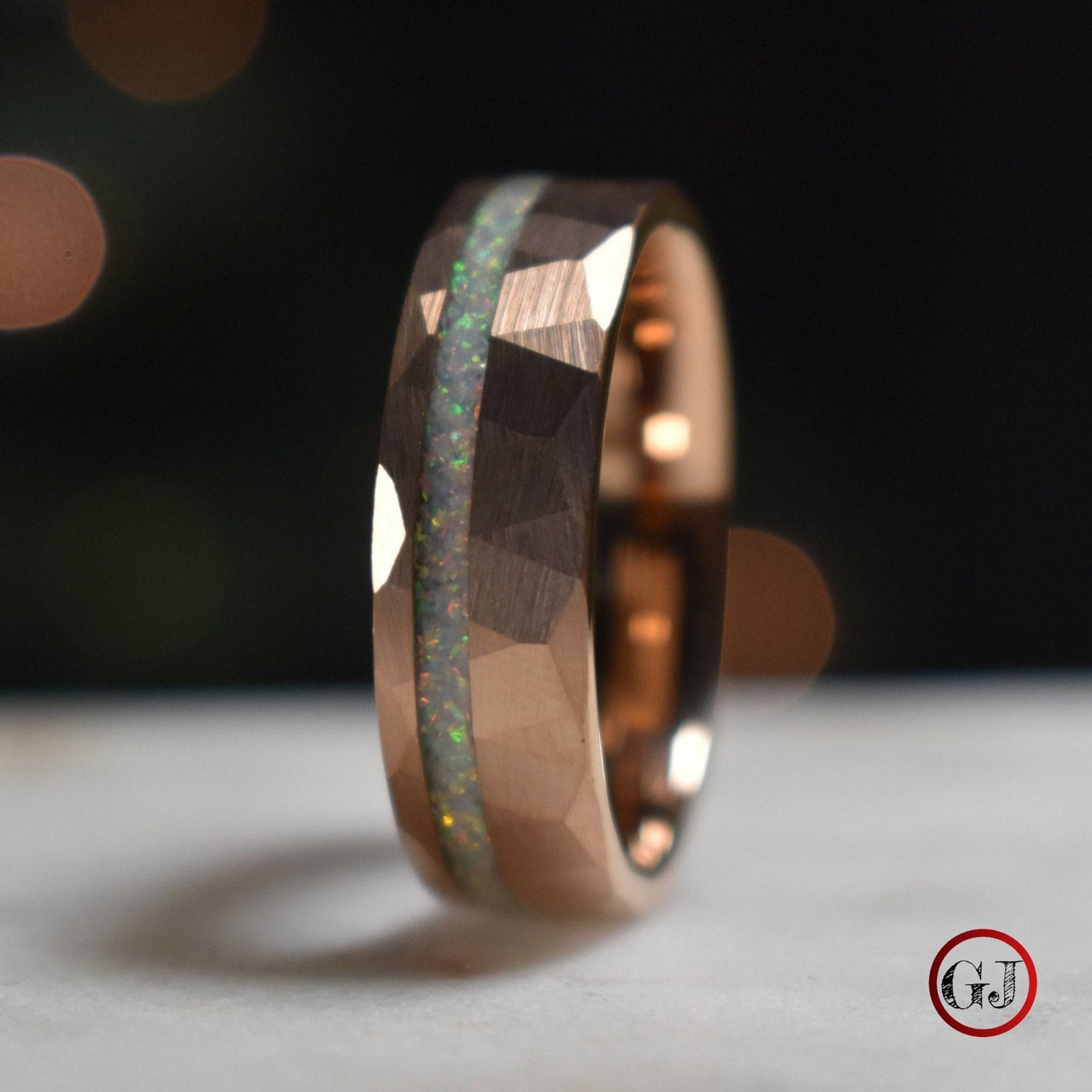 Tungsten 8mm Hammered Rose Gold Ring with Crushed Opal Centre - Tungsten Titans