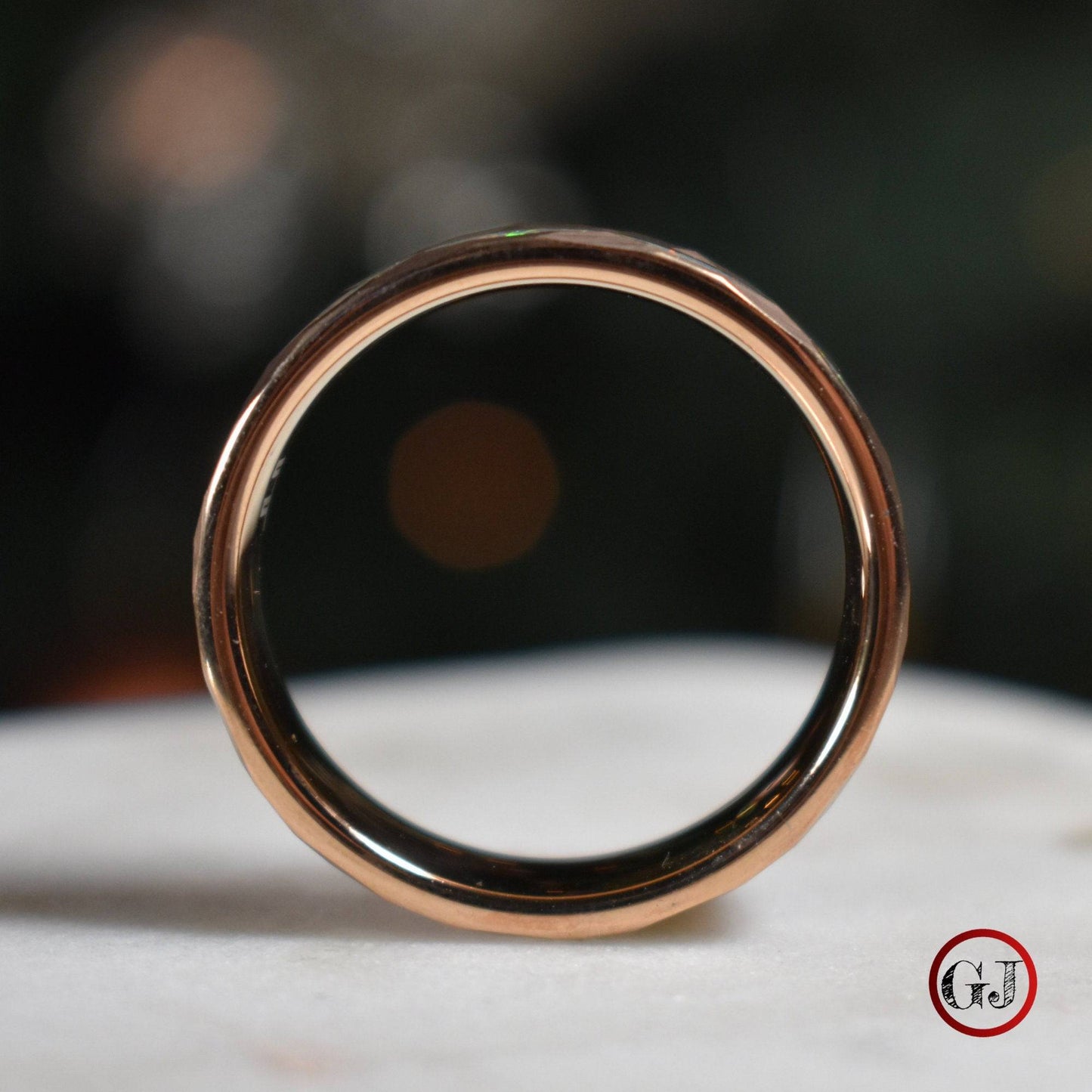 Tungsten 8mm Hammered Rose Gold Ring with Crushed Opal Centre - Tungsten Titans