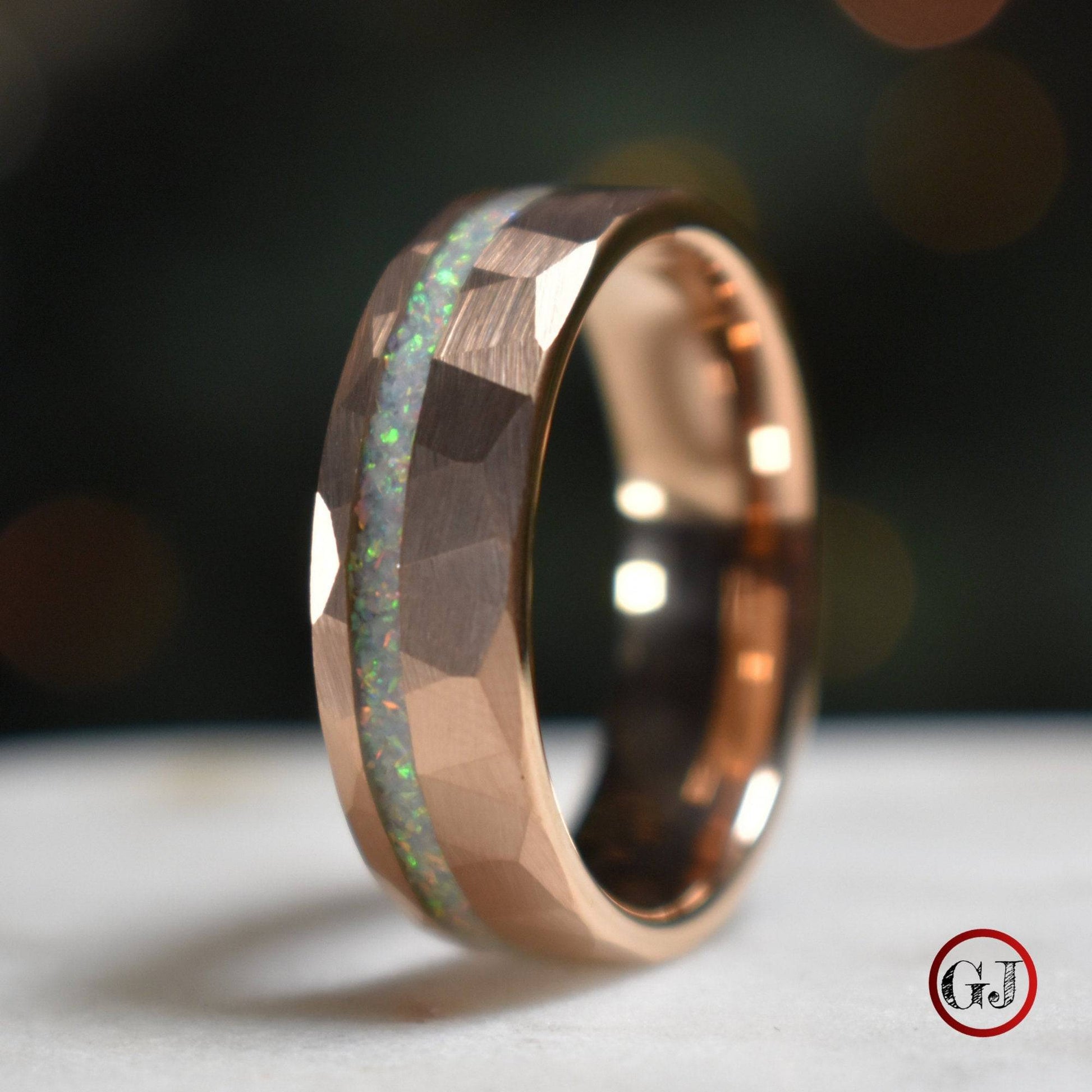 Tungsten 8mm Hammered Rose Gold Ring with Crushed Opal Centre - Tungsten Titans