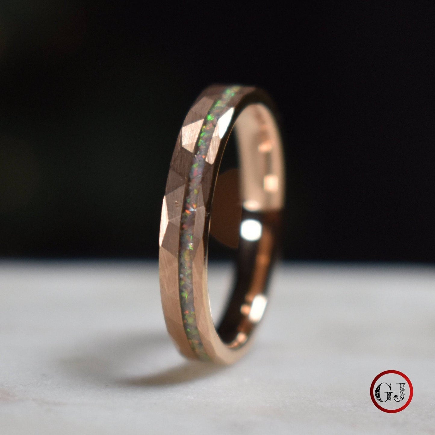 Tungsten 4mm Hammered Rose Gold Ring with Crushed Opal Centre - Tungsten Titans