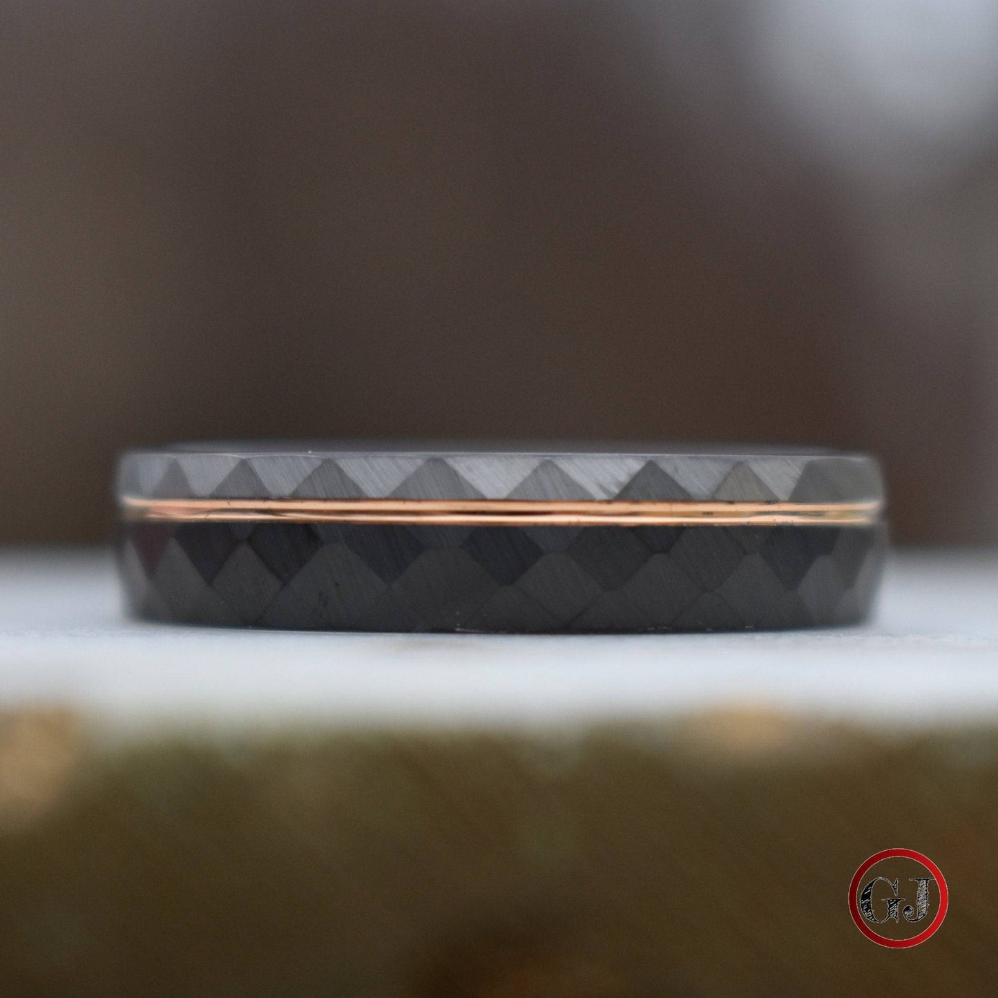 Hammered 6mm Tungsten Ring Black and Silver Brushed with Rose Gold Accent - Tungsten Titans