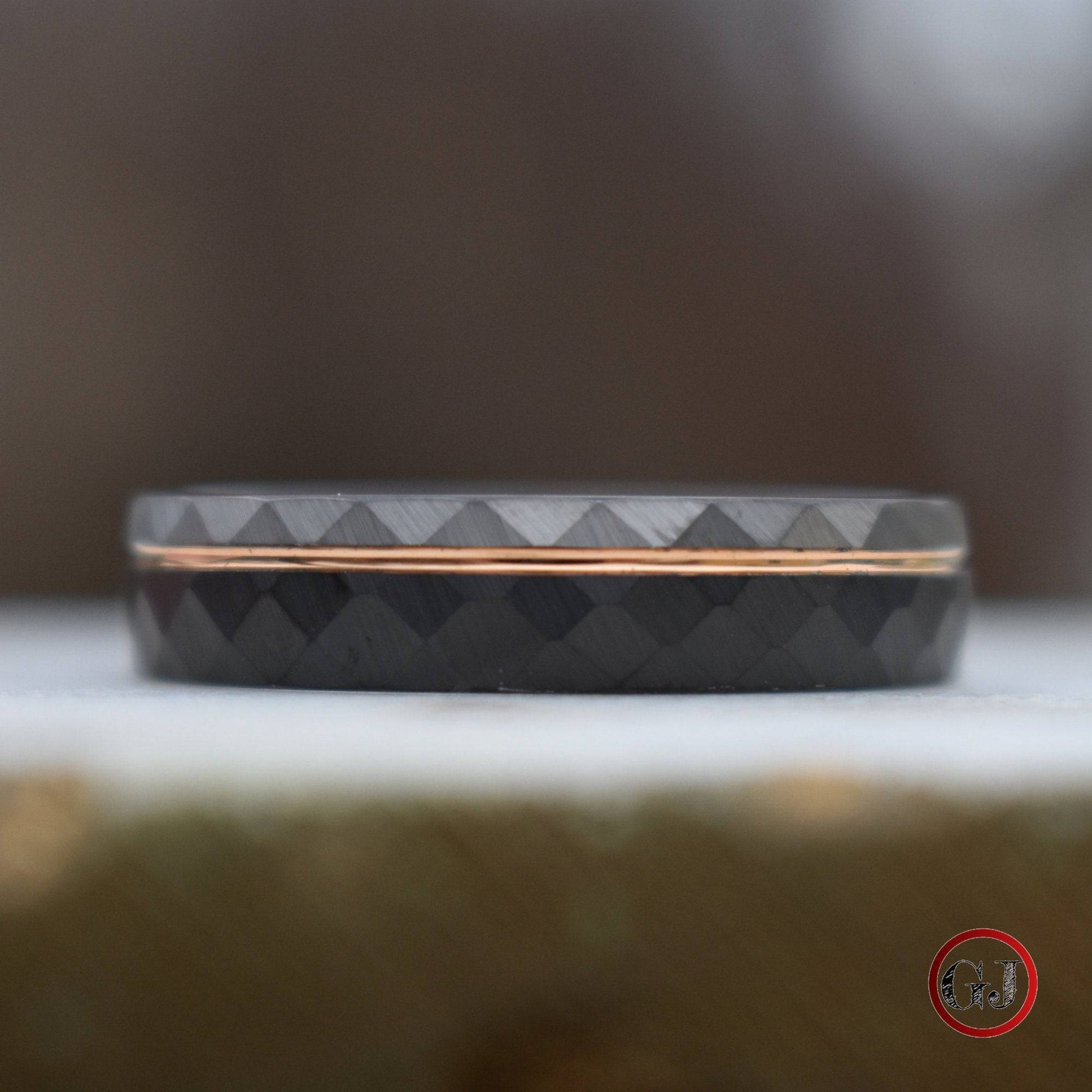 Hammered 6mm Tungsten Ring Black and Silver Brushed with Rose Gold Accent - Tungsten Titans