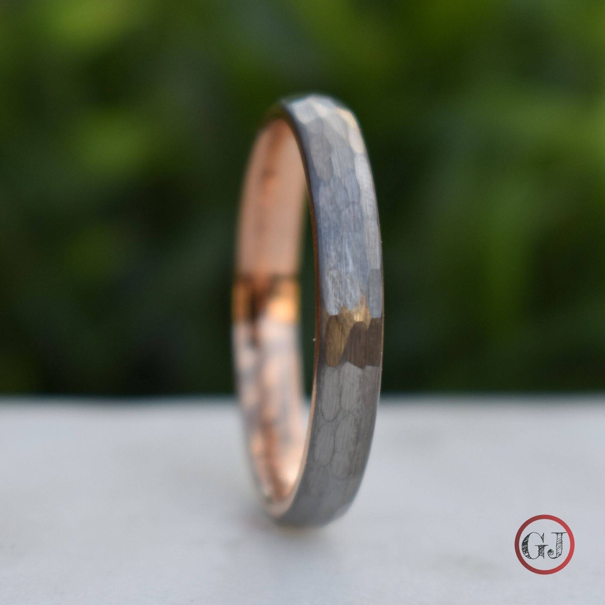 Hammered Tungsten 4mm Ring with Rose Gold Band - Tungsten Titans