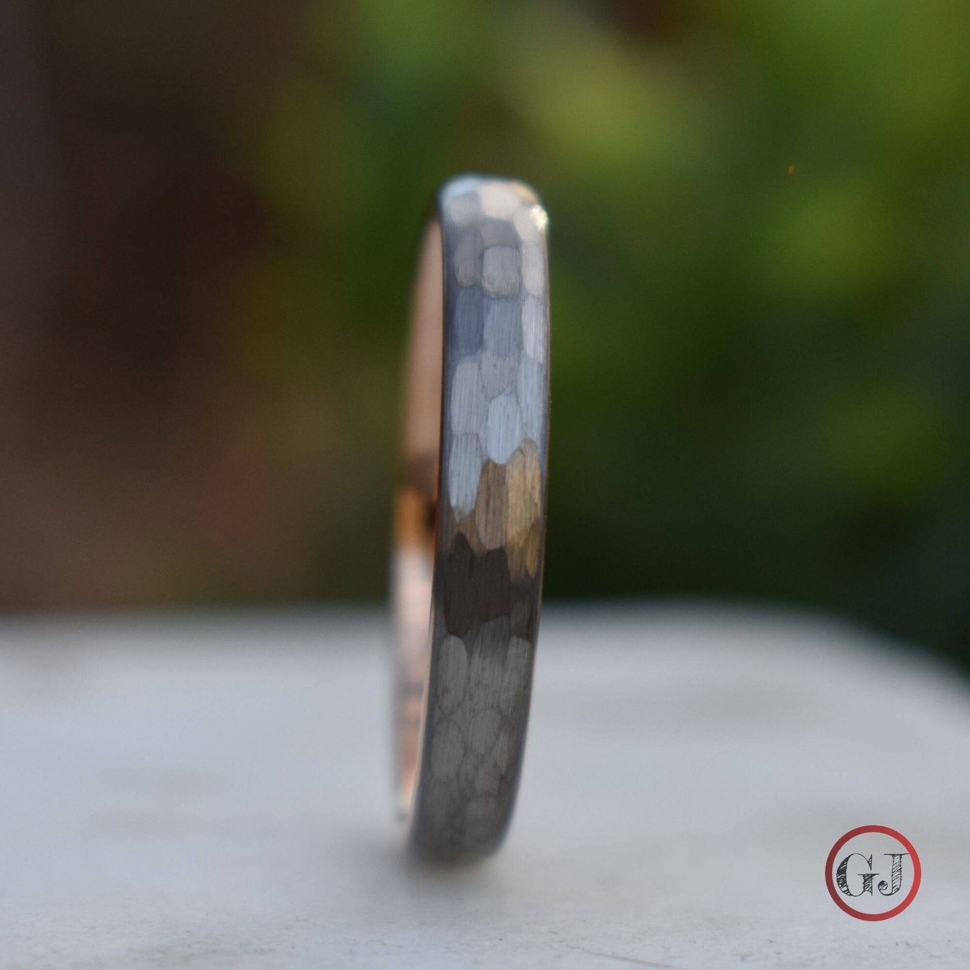 Hammered Tungsten 4mm Ring with Rose Gold Band - Tungsten Titans