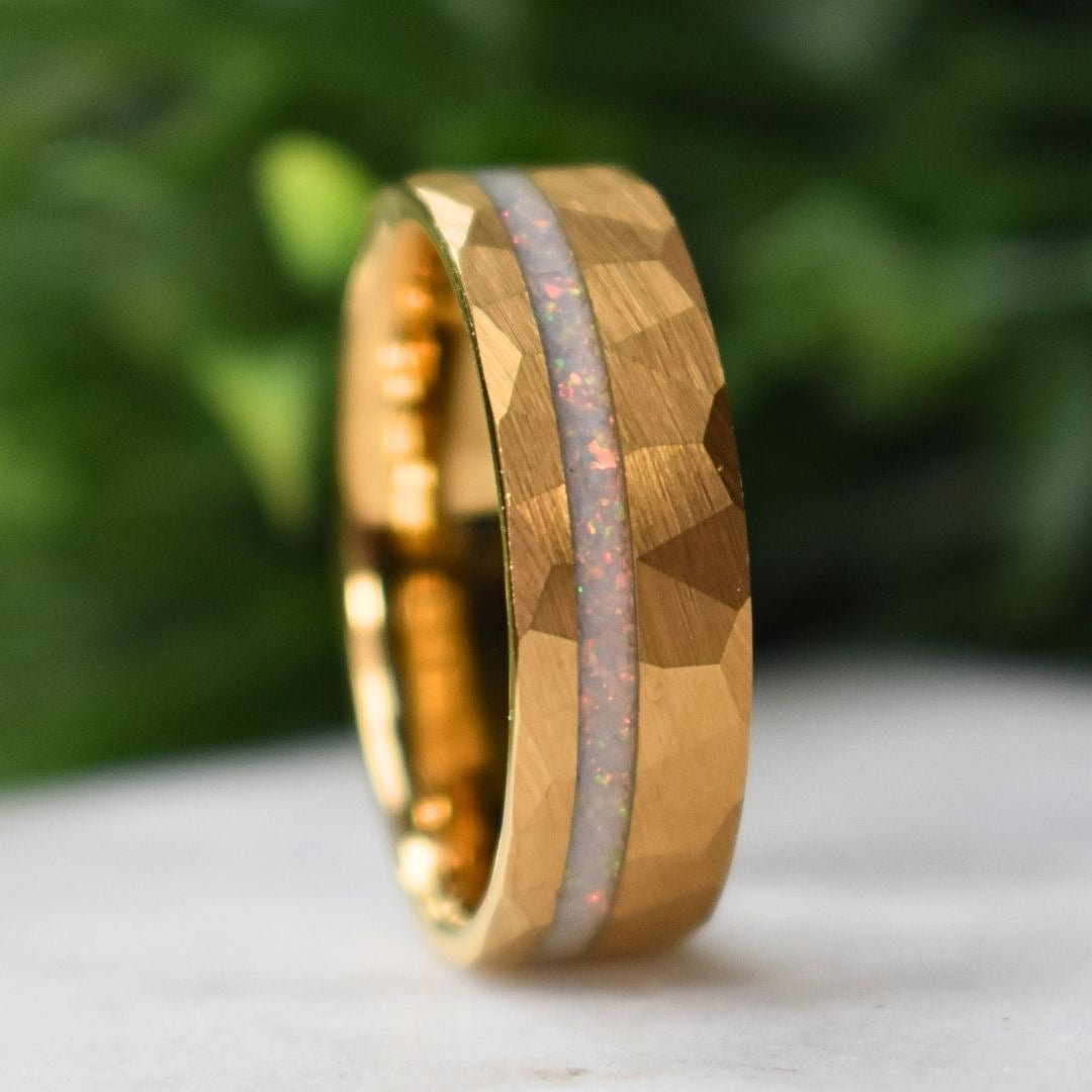 Tungsten 8mm Hammered Yellow Gold Ring with Crushed Opal Centre - Tungsten Titans