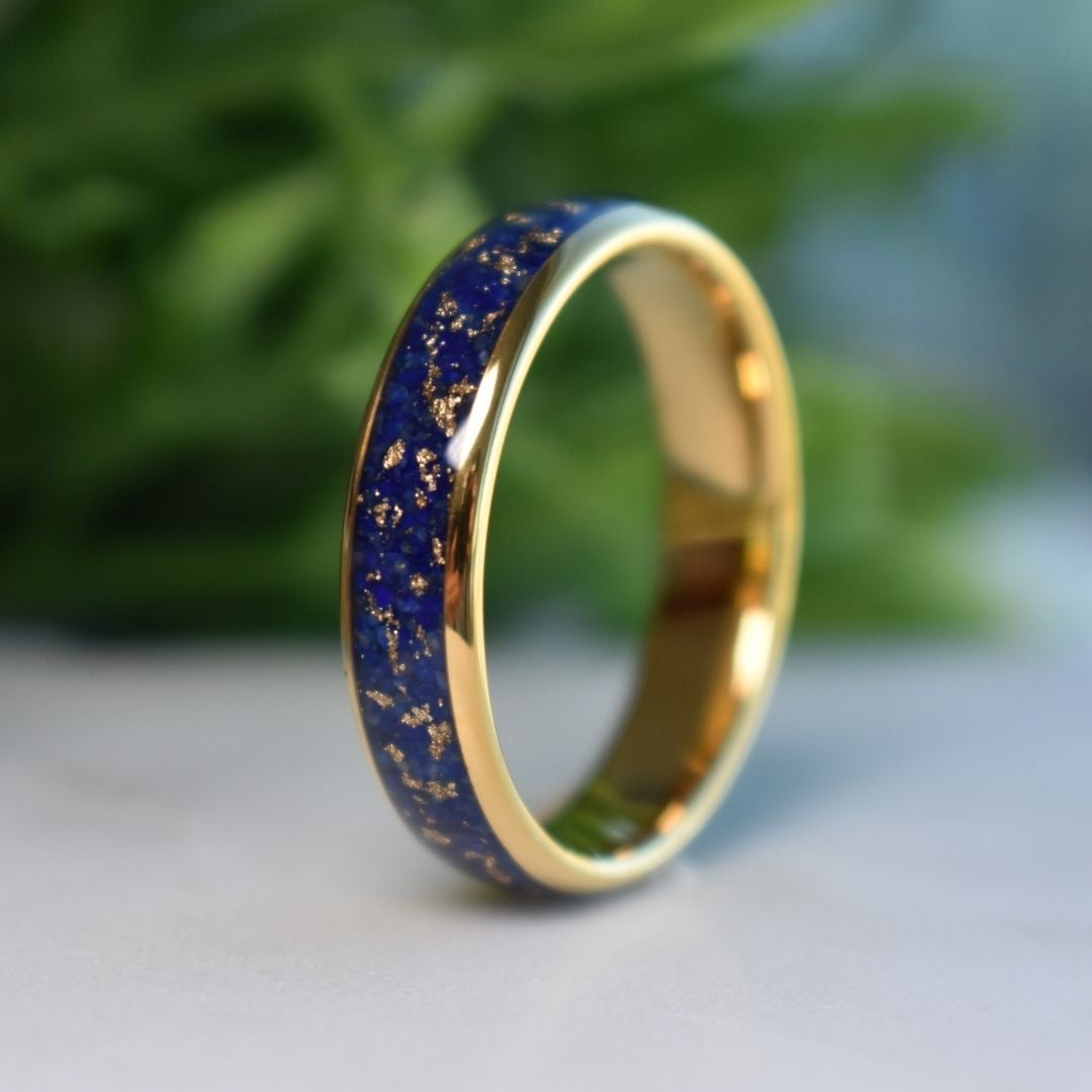 Tungsten 6mm Gold Ring with Lapis Lazuli & Gold Leaf Inlay - Tungsten Titans