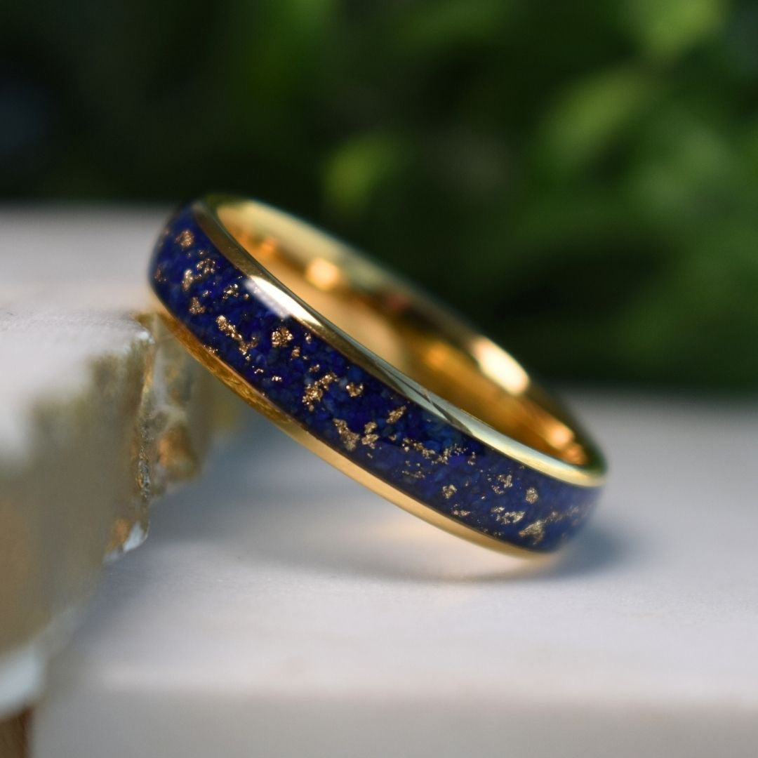 Tungsten 6mm Gold Ring with Lapis Lazuli & Gold Leaf Inlay - Tungsten Titans