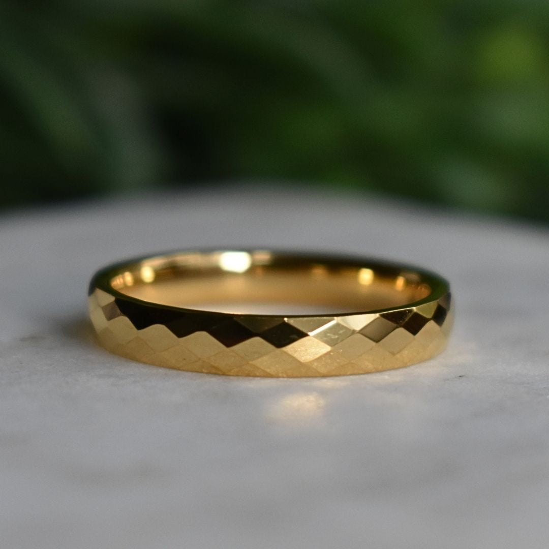 Tungsten Diamond Facet Yellow Gold 4mm Ring - Tungsten Titans