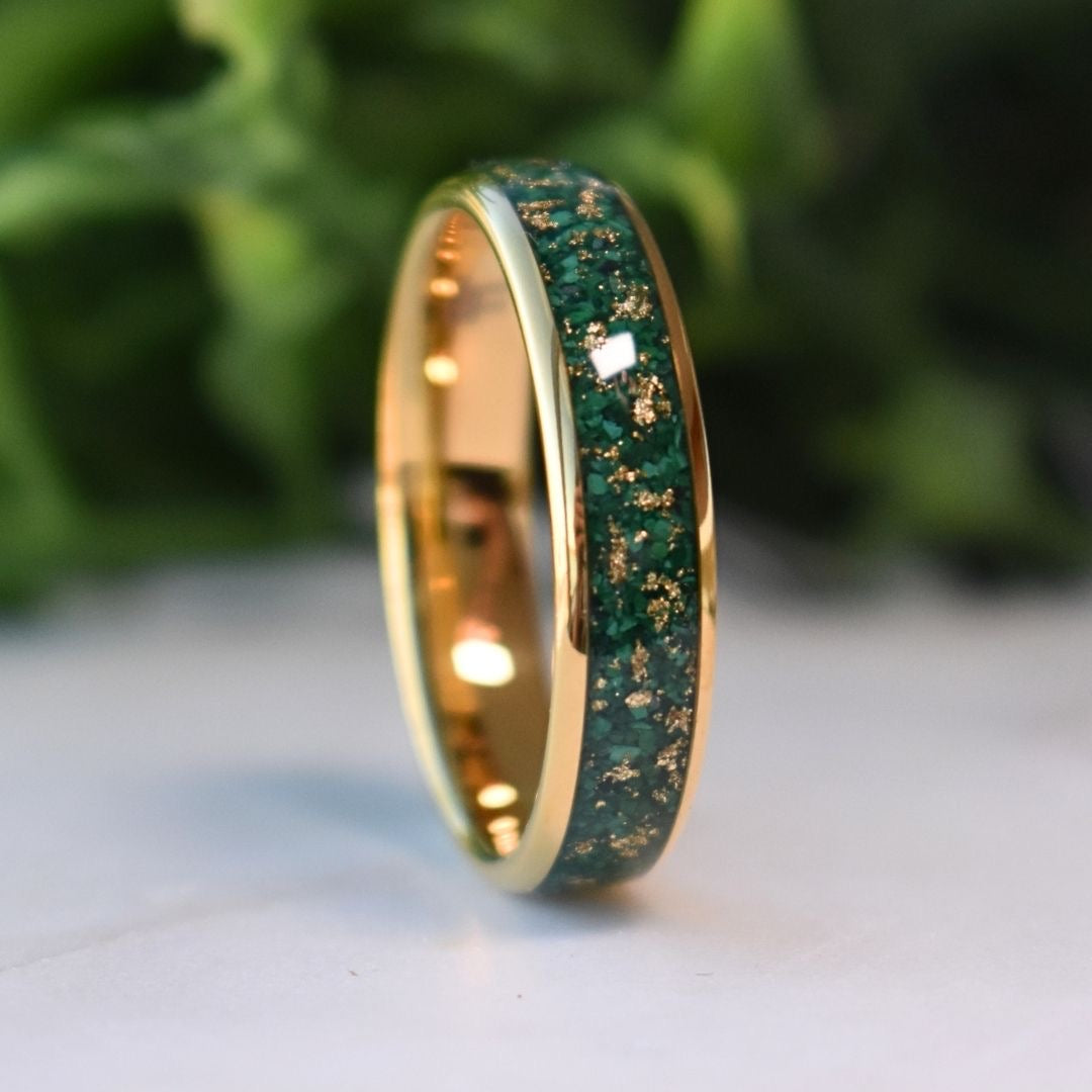 Tungsten 6mm Gold Ring with Malachite & Gold Leaf Inlay - Tungsten Titans