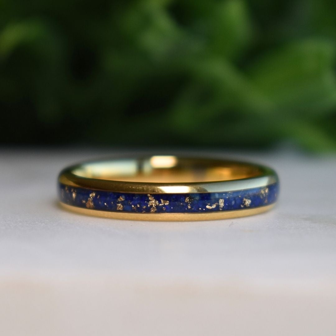 Tungsten 4mm Gold Ring with Lapis Lazuli & Gold Leaf Inlay - Tungsten Titans