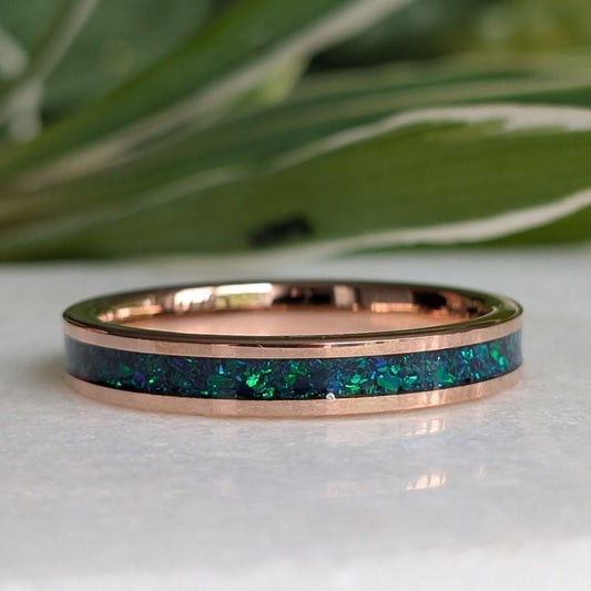 Tungsten 4mm Rose Gold Ring Crushed Green and Blue Opal Wedding Band - Tungsten Titans