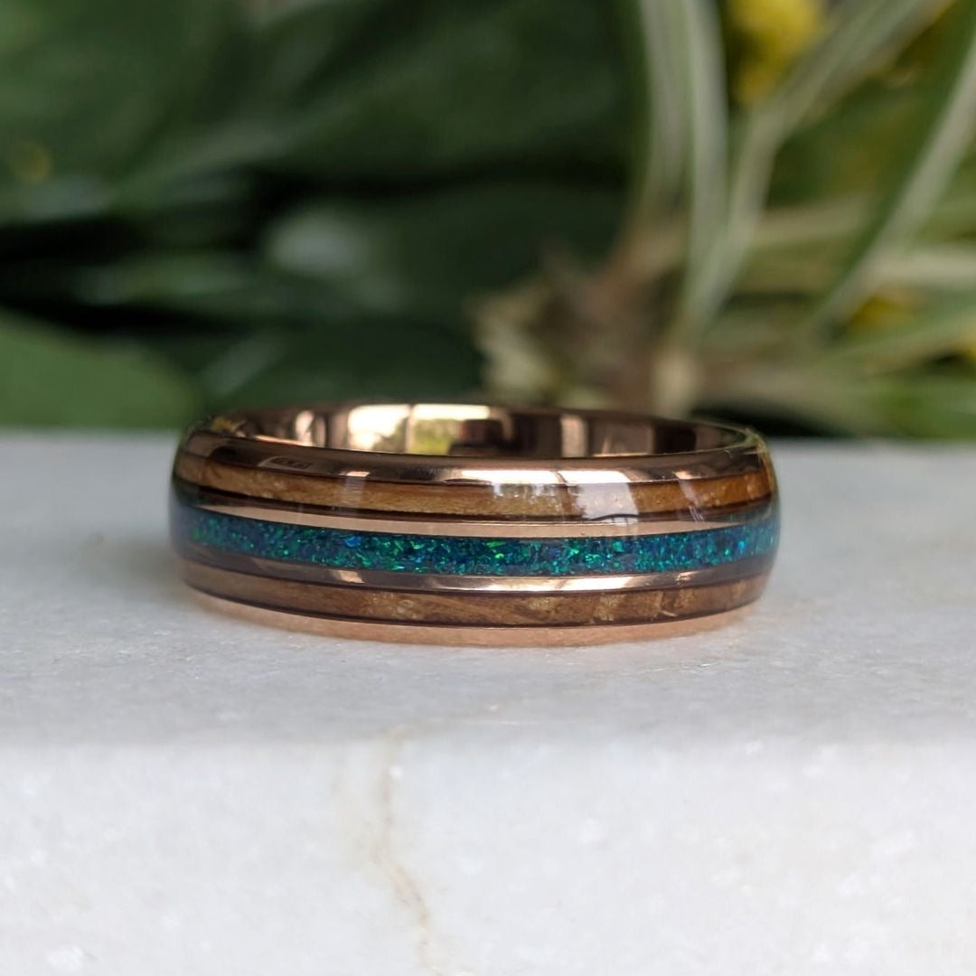 Tungsten 8mm Rose Gold Ring with Crushed Green & Blue Opal and Whiskey Barrel - Tungsten Titans