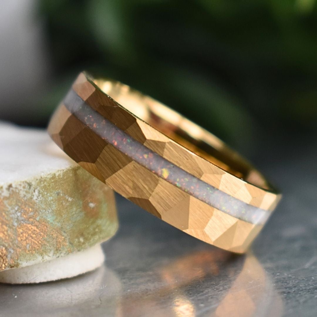 Tungsten 8mm Hammered Yellow Gold Ring with Crushed Opal Centre - Tungsten Titans