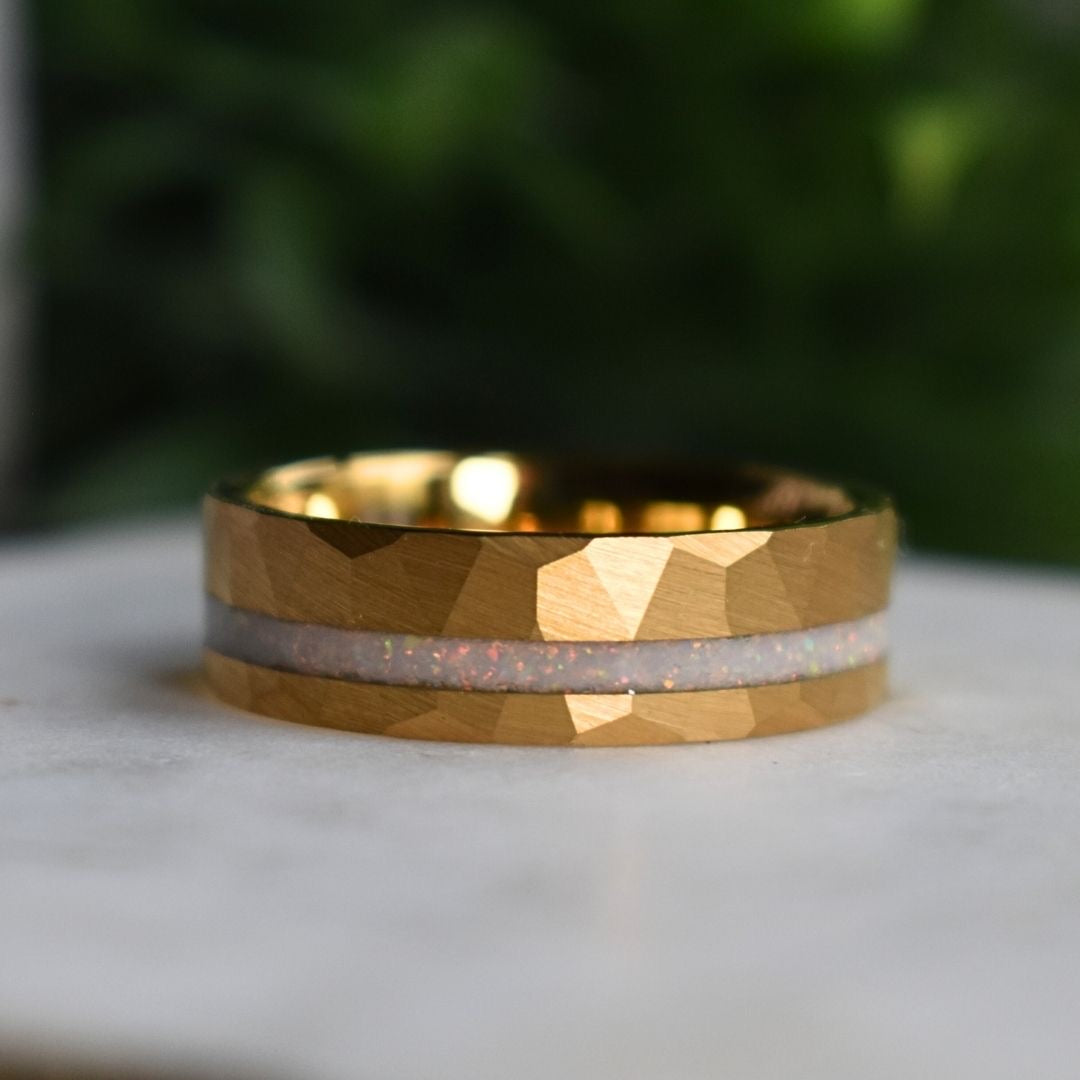 Tungsten 8mm Hammered Yellow Gold Ring with Crushed Opal Centre - Tungsten Titans