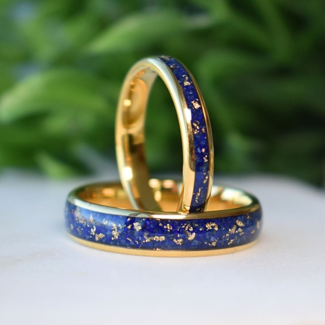 Tungsten 4mm Gold Ring with Lapis Lazuli & Gold Leaf Inlay - Tungsten Titans