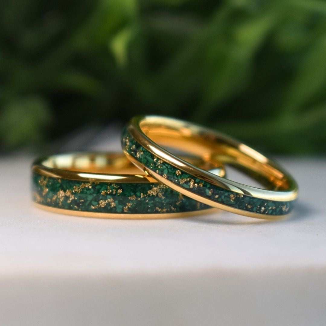Tungsten 4mm Gold Ring with Malachite & Gold Leaf Inlay - Tungsten Titans