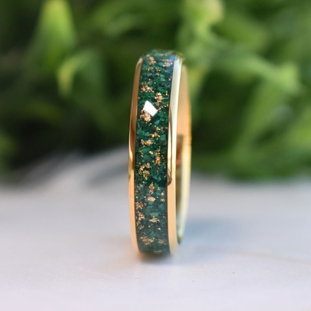 Tungsten 6mm Gold Ring with Malachite & Gold Leaf Inlay - Tungsten Titans