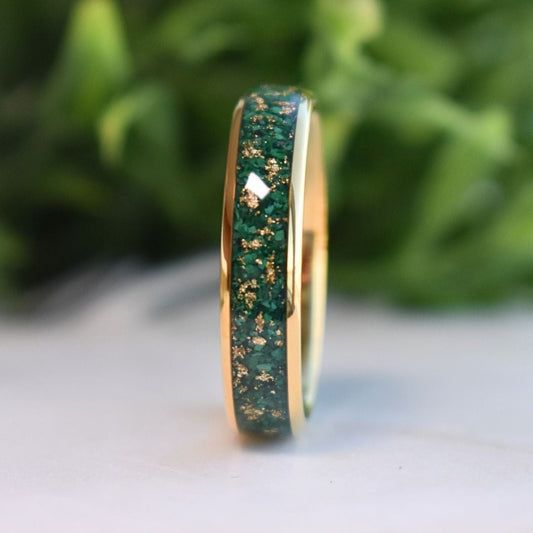 Tungsten 6mm Gold Ring with Malachite & Gold Leaf Inlay - Tungsten Titans