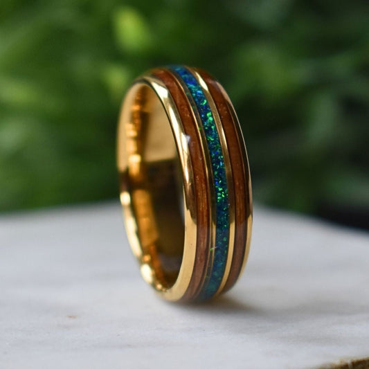 Tungsten 8mm Yellow Gold Ring with Crushed Green & Blue Opal and Whiskey Barrel - Tungsten Titans