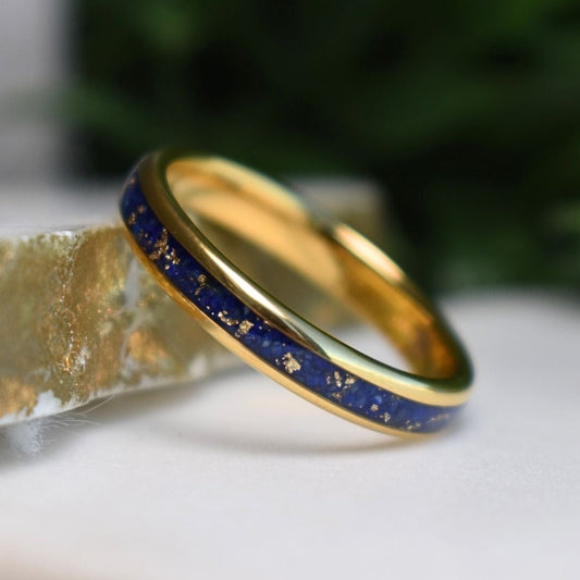 Tungsten 4mm Gold Ring with Lapis Lazuli & Gold Leaf Inlay - Tungsten Titans