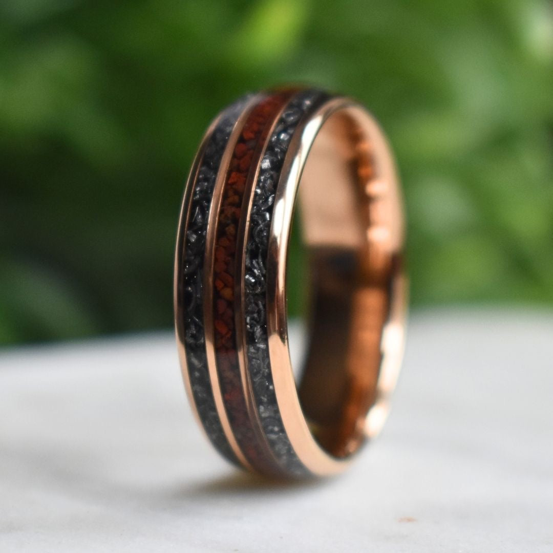 Tungsten 8mm Rose Gold Ring with Red Dinosaur Bone & Meteorite Ring - Tungsten Titans