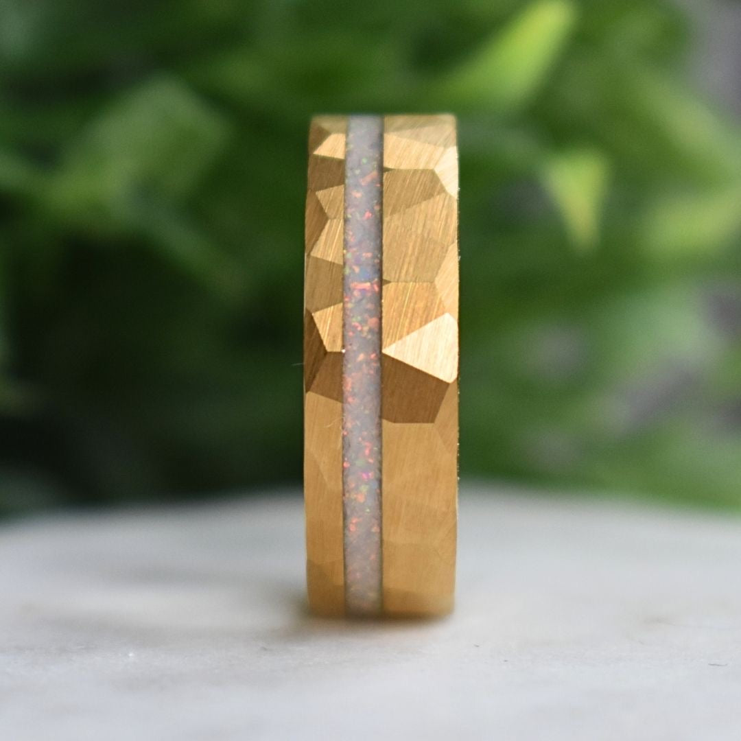 Tungsten 8mm Hammered Yellow Gold Ring with Crushed Opal Centre - Tungsten Titans